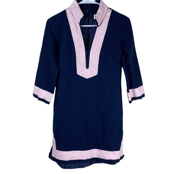 Eliza J Linen Blend Tunic Dress Navy Pink Women Sz 0 Preppy Classic Contemporary - Picture 2 of 9